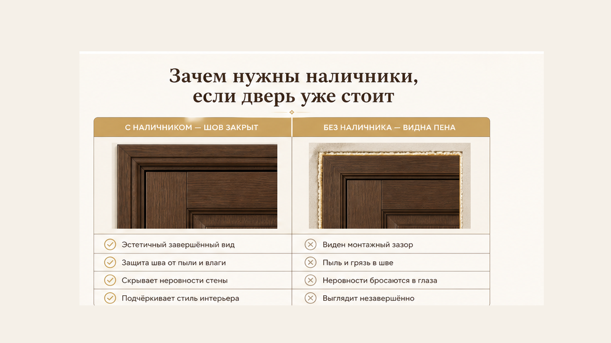 Схема: наличник закрывает щель между дверной коробкой и стеной