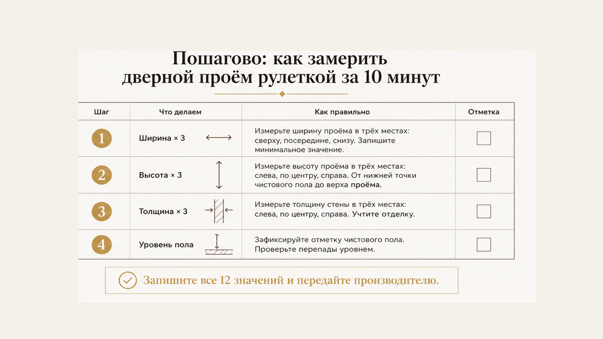Пошаговая схема замера ширины, высоты и толщины дверного проёма