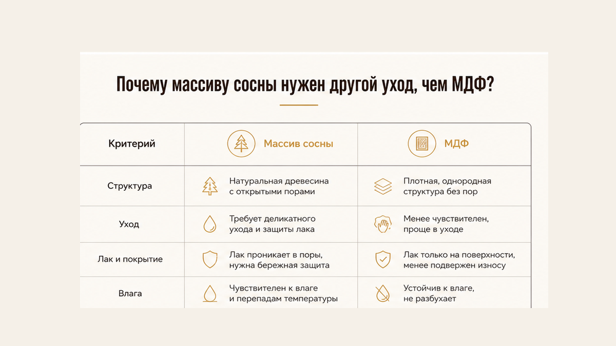 Сравнительная таблица / UI-мокап: Почему массиву сосны нужен другой уход, чем МДФ?